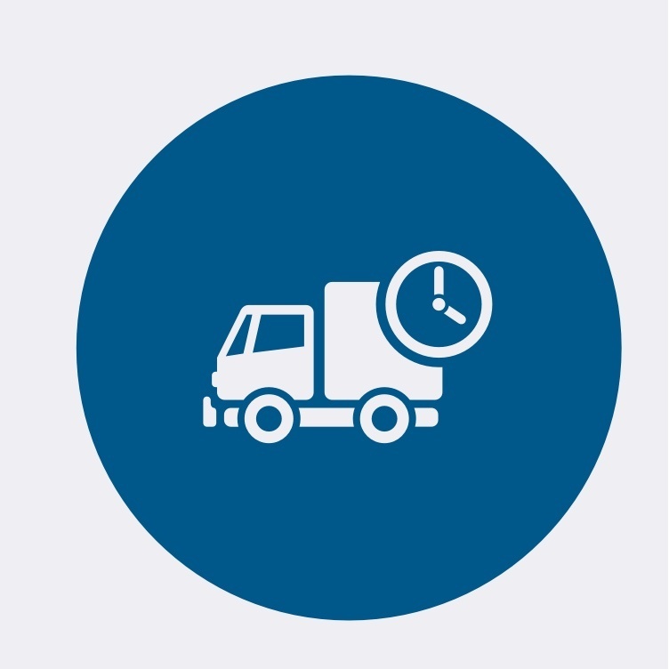 Blue circle with white box truck with clock icon