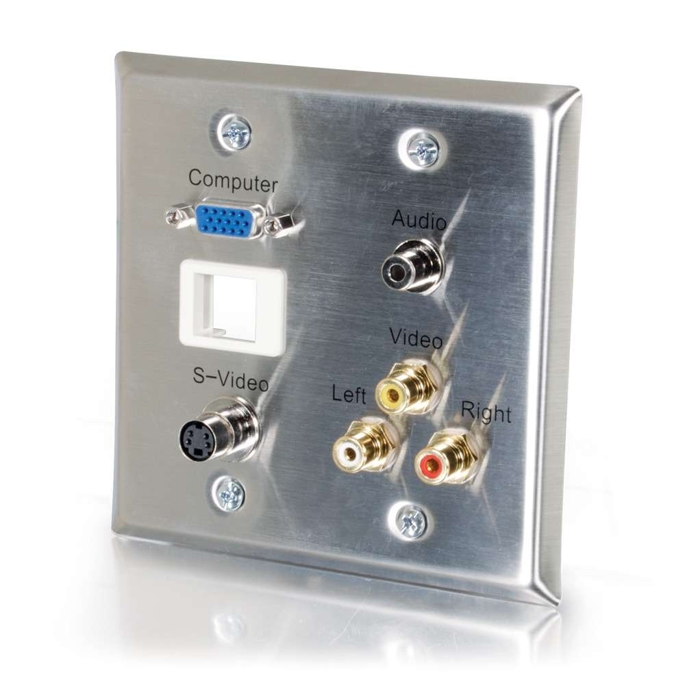 VGA, 3.5mm Audio, S-Video, Composite Video and RCA Stereo Audio Pass Through Double Gang Wall Plate with One Keystone - Stainless Steel (TAA)