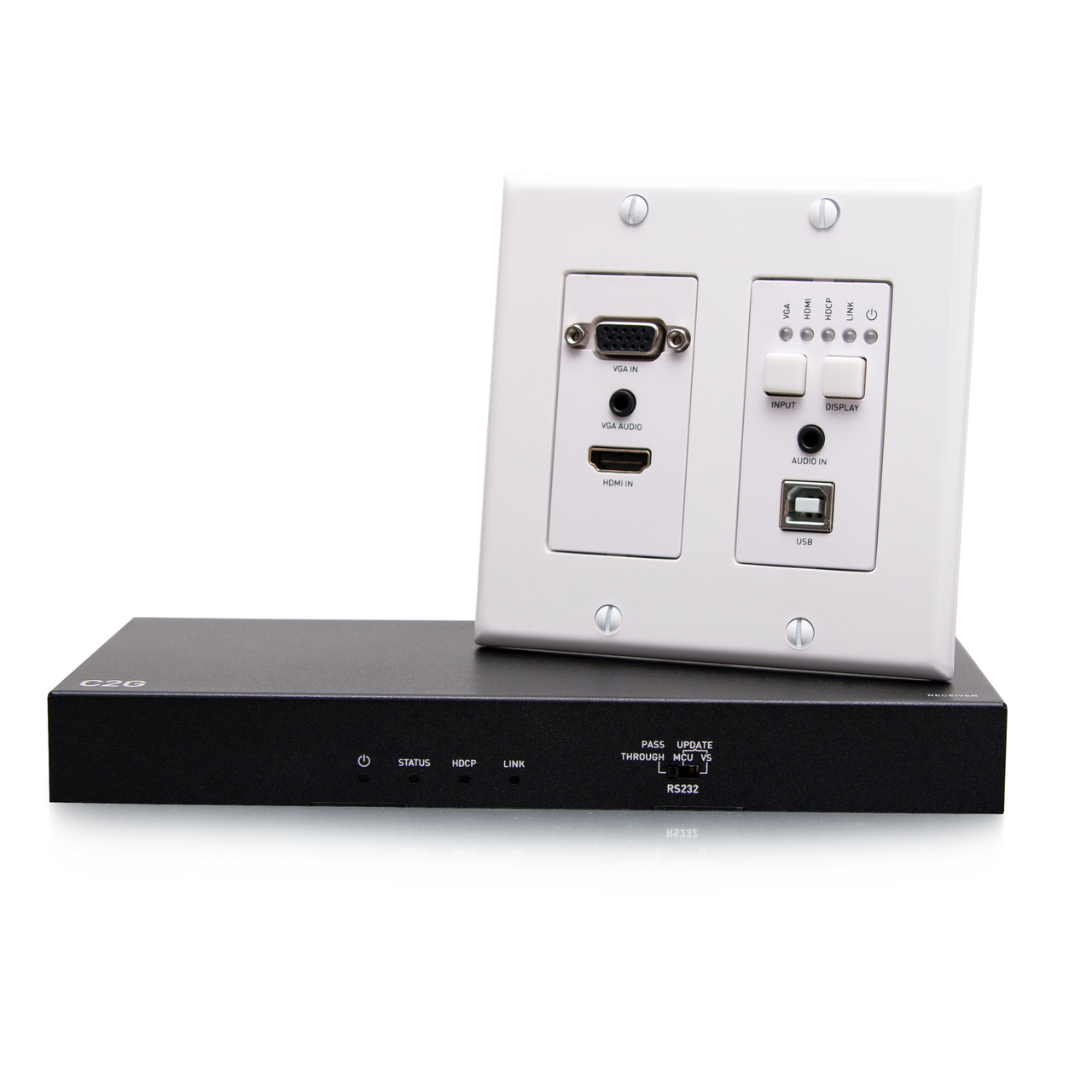 Image of a 4K HDMI HDBaseT + VGA, 3.5mm, USB-A to B, Over Cat Extender Wall Plate Transmitter to Box Receiver