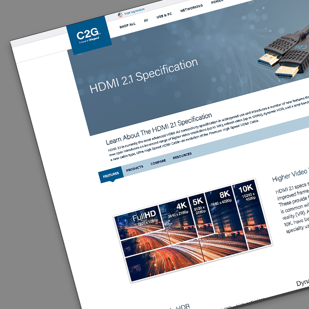 HDMI 2.1 specification landing page highlighting higher video resolution features