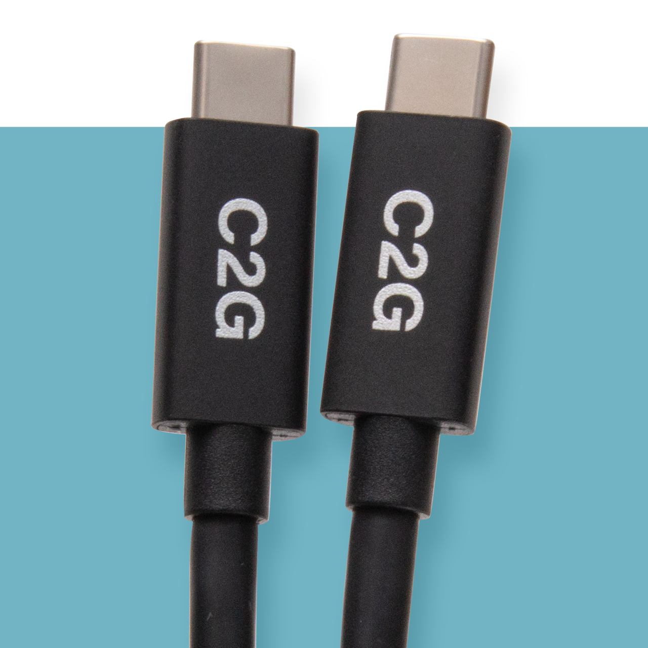 Two USB-C cables that have C2G printed on them on a blue background
