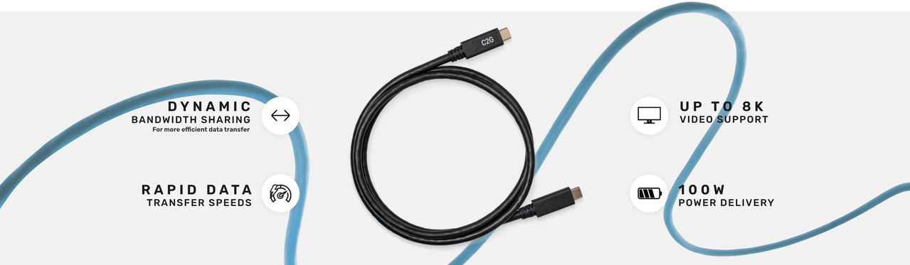 coiled usb4 cable with blue swirl background and text call outs to dynamic bandwidth sharing, 8K resolution, data transfer speeds, and 100W power delivery